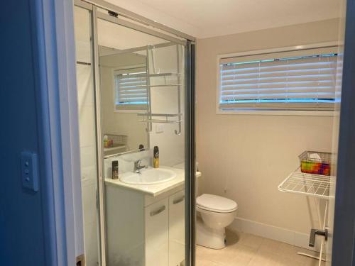 a bathroom with a toilet and a sink and a shower at Nearly new 2 bedrooms private entire unit in Slacks Creek