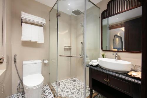 ein Bad mit einem WC, einem Waschbecken und einer Dusche in der Unterkunft La Passion Hanoi Hotel & Apartment in Hanoi