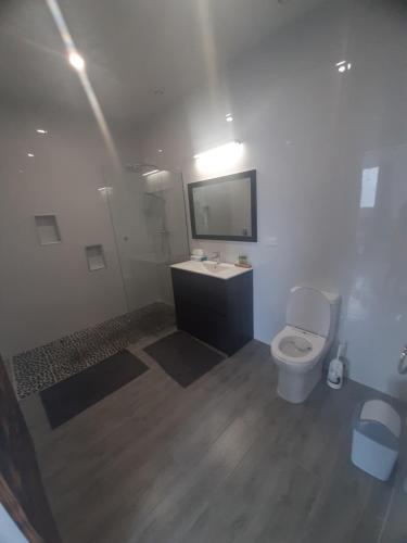 a bathroom with a toilet and a television on the wall at Mai'i Villa 2 - Muri in Avarua