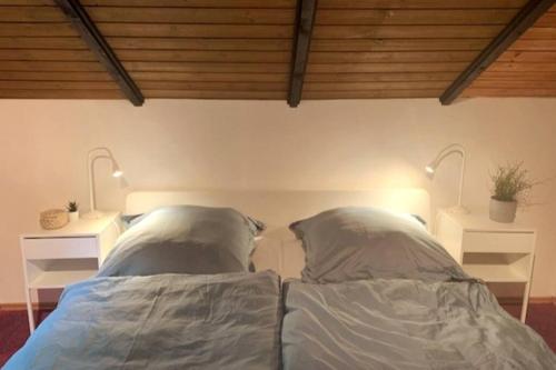 a bedroom with two beds and two lights on the wall at Luett Huus in Gartow