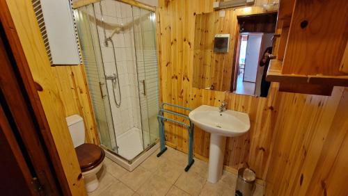 a bathroom with a sink and a shower and a toilet at Chalet l'Acinos in Montgenèvre