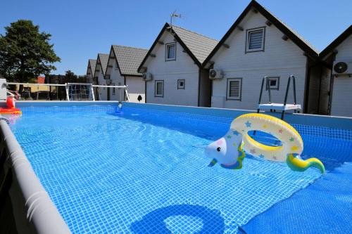 uma piscina com um gato de brinquedo na água em Domki Perłowe em Dąbki