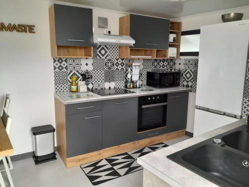 a kitchen with gray cabinets and a black appliances at Côté Terrasse in Le Tampon