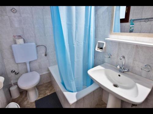 a bathroom with a toilet and a blue shower curtain at Studio with sea view in Ierapetra