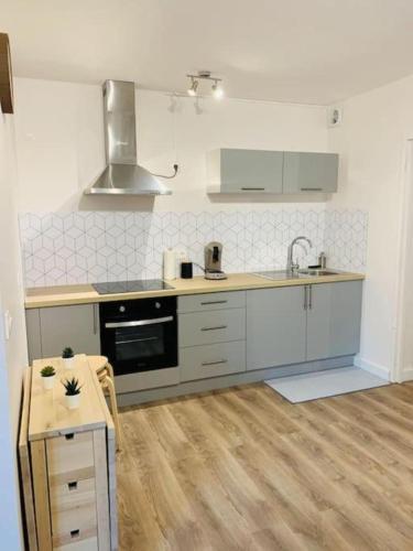 een keuken met witte apparatuur en een houten vloer bij Gîte meublé 1 à 4 pers à Sierck-Les-Bains proche Cattenom Thionville Luxembourg in Sierck-les-Bains