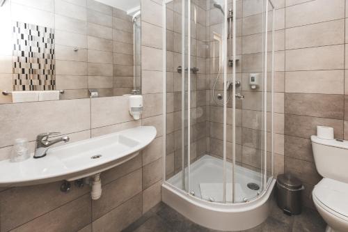 W łazience znajduje się prysznic, umywalka i toaleta. w obiekcie Hotel Akwawit w mieście Leszno