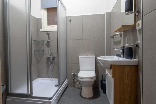 La salle de bains est pourvue d'une douche, de toilettes et d'un lavabo. dans l'établissement 2BR Historical & Spacious Apt. In Heart of Taksim, à Istanbul