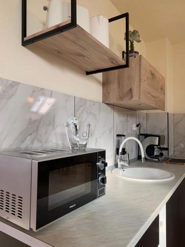 a kitchen with a microwave and a sink at Altavista mountain apartment in Samokov
