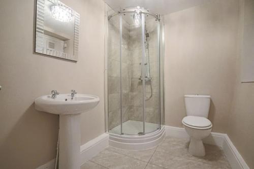 a bathroom with a shower and a toilet and a sink at Fleece Cottage in Kendal
