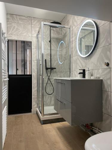 une salle de bain avec une douche, un lavabo et un miroir dans l'établissement LE LESTIN - Wifi - Centre ville - PROPERTY RENTAL NM, à Périgueux