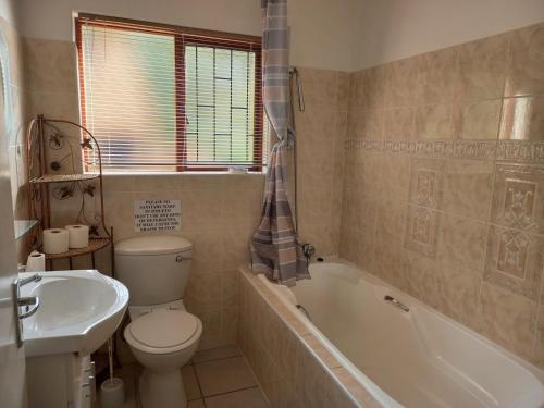 a bathroom with a toilet and a tub and a sink at 110 Bay View in Brenton-on-Sea