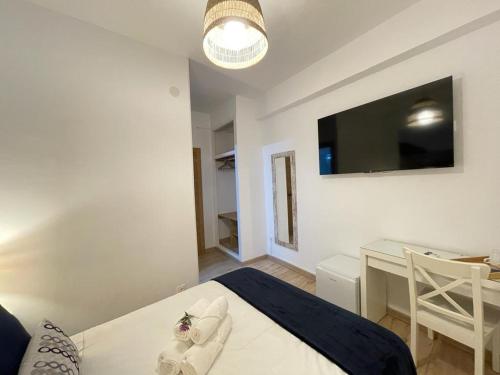 a bedroom with a bed and a desk and a television at Hostal Ventura Premium in Alicante