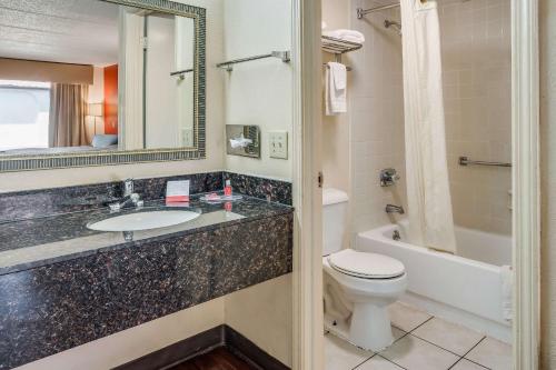 La salle de bains est pourvue d'un lavabo, de toilettes et d'un miroir. dans l'établissement Econo Lodge Inn & Suites, à Griffin
