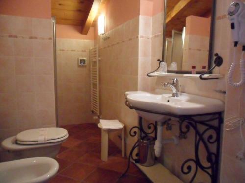 a bathroom with a sink and a toilet and a mirror at Agriturismo Al Navile in Malalbergo