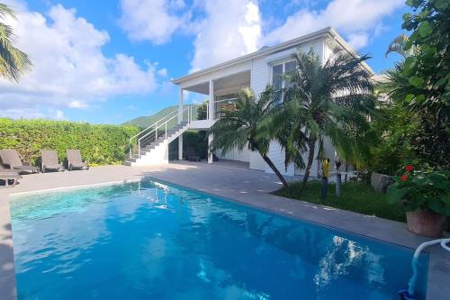 a house with a swimming pool in front of a house at Villa Picaflor, Friar's Bay in Friar's Bay