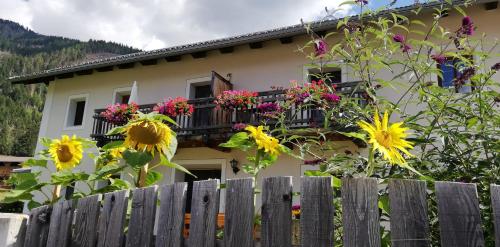a house with a balcony with flowers on it at Marhof Pustertal in Anras