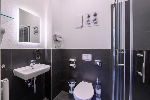 Royale Apartaments Central City Cologne في كولونيا: حمام مع مرحاض ومغسلة ودش