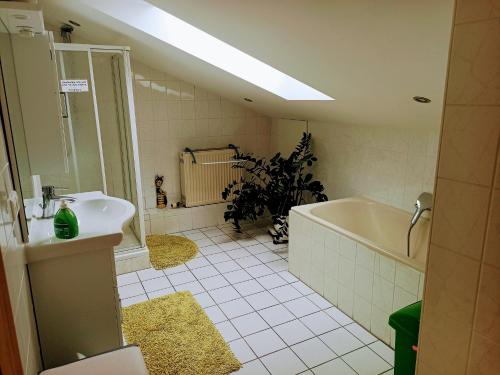 a bathroom with a sink and a tub and a toilet at Ferienhof Schrädobler in Kößlarn