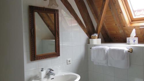 uma casa de banho com um lavatório e um espelho em B&B Monumentaal Logeren em Zierikzee