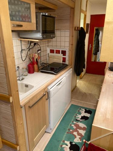 une petite cuisine avec un évier et un micro-ondes dans l'établissement Le 104 Miravidi, à Bourg-Saint-Maurice