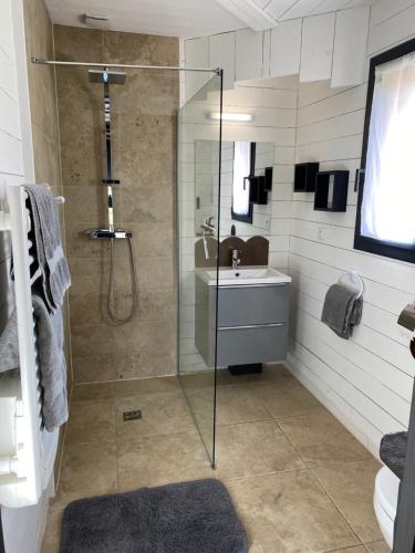 La salle de bains est pourvue d'une douche et d'un lavabo. dans l'établissement Chalets CASABELLA, à Casteljaloux