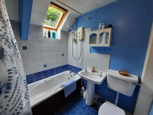 a blue bathroom with a tub and a sink and a bath tub at Simonside Cottage nr Rothbury in Morpeth