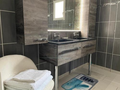 uma casa de banho com um lavatório e um espelho em Maison entière 4 lits 8 pl avec jacuzzi proche du safari de Peaugres em Anneyron