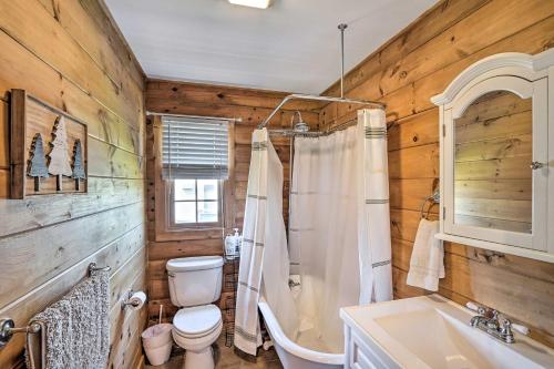 a bathroom with a toilet and a shower and a sink at Lakefront Athens Getaway with Game Room and Deck! in Athens