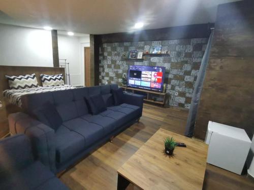 a living room with a couch and a tv at Villa ANA-Mavrovo in Mavrovo