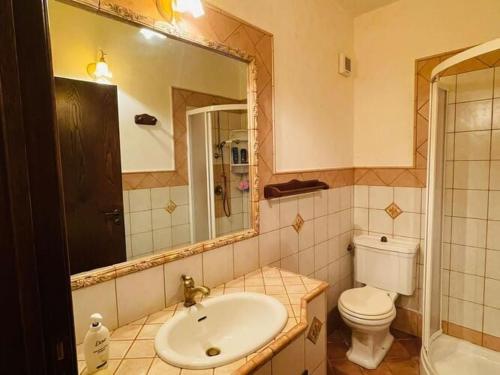 y baño con lavabo, aseo y espejo. en Holiday home in Francavilla di Sicilia, en Francavilla di Sicilia