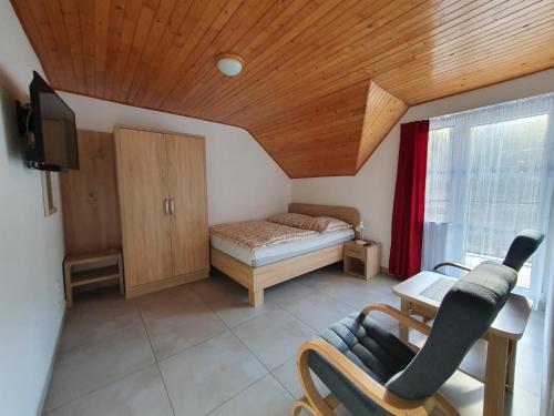 a room with a bed and a chair and a television at Willa OLA in Karpacz