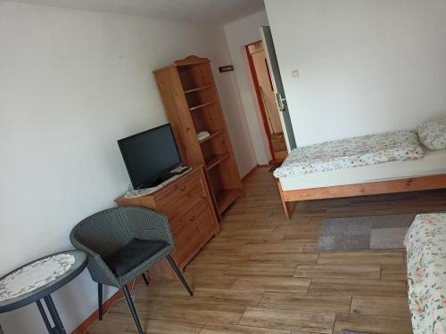 a bedroom with a bed and a tv and a chair at Willa Rosa in Kajetany