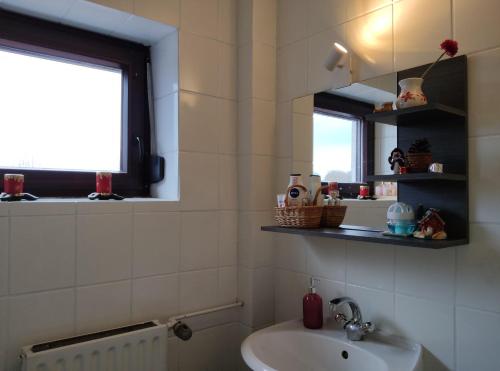 a bathroom with a sink and a mirror at Apartment am See - Borken, Hessen in Borken