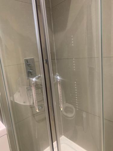 a shower with a glass door next to a toilet at Charming Home in Sevenoaks in Kent