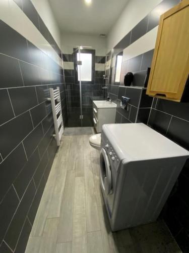 een badkamer met een toilet, een wasmachine en een droger bij Maison récente de 50 m2 pour 4 personnes in Porto-Vecchio