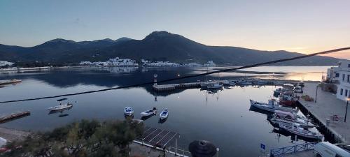 a view of a harbor with boats in the water at Kalliopis Rooms in Katapola