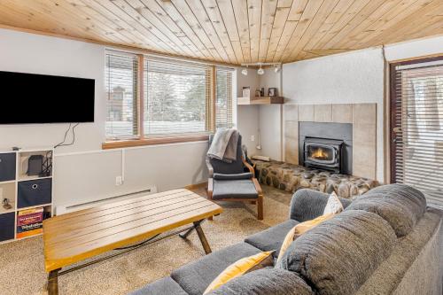 a living room with a couch and a tv at A Scent of Pine in Steamboat Springs