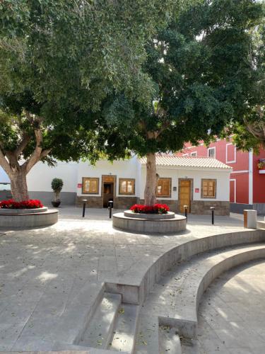 a courtyard with two trees and benches and a building at Casas La Aldea Suites Plaza in La Aldea de San Nicolas