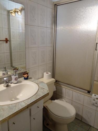une salle de bain avec toilettes, lavabo et miroir dans l'établissement Acogedora casa en el sur de Chile, ubicada en barrio residencial, à Puerto Montt