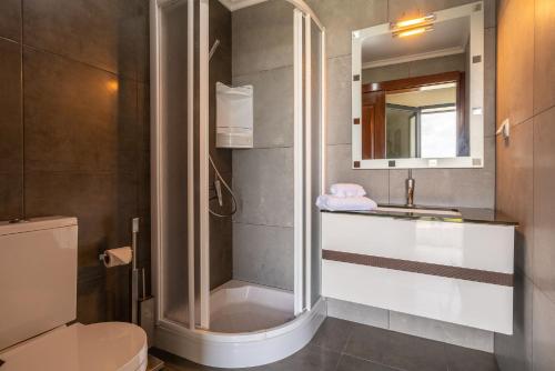 a bathroom with a shower and a sink and a toilet at Gran Horizonte House with private pool by HR Madeira in Ribeira Brava