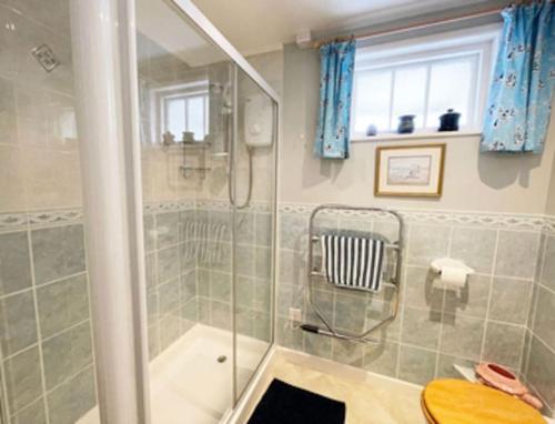 a bathroom with a shower and a glass shower backdoor at Waypast, Port Isaac Bay Holidays in Port Isaac