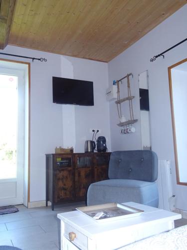 a living room with a couch and a tv at La ferme aux chats in Formigny