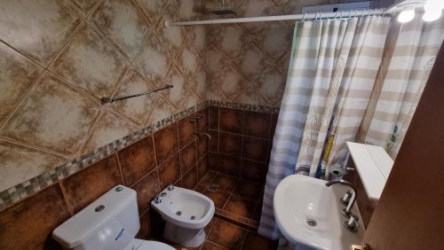 y baño con aseo, lavabo y ducha. en Departamento Bariloche para 4 en San Carlos de Bariloche