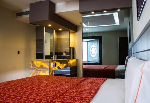 a bedroom with a bed and a large mirror at HOTEL MIRAMAR in Mexico City