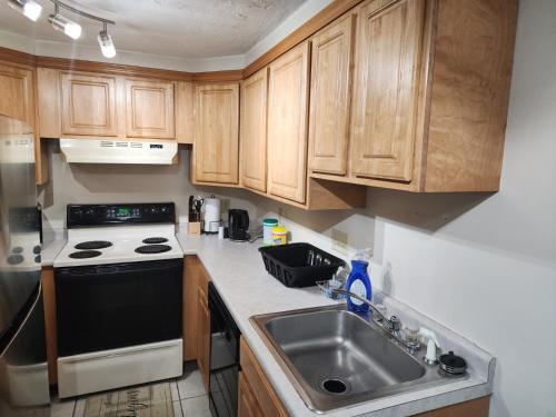 a kitchen with wooden cabinets and a sink at Modern Cozy two bedroom apartment with off-street Parking in Worcester
