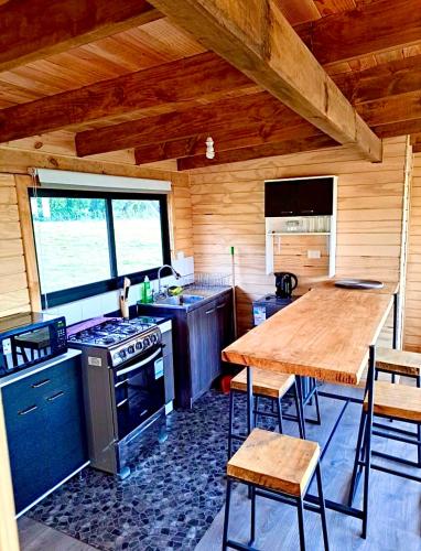 a kitchen with a table and a stove and a table at Vistaranco Eco in Lago Ranco
