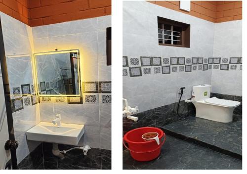 two pictures of a bathroom with a sink and a toilet at Misty Valley Resort in Varagampadi