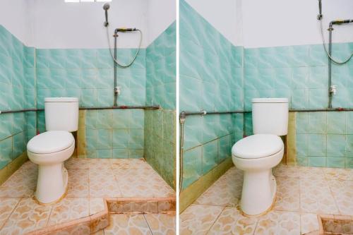 two pictures of a bathroom with a toilet and a shower at SPOT ON 92053 Bagus Stay in Tanjung Pinang 
