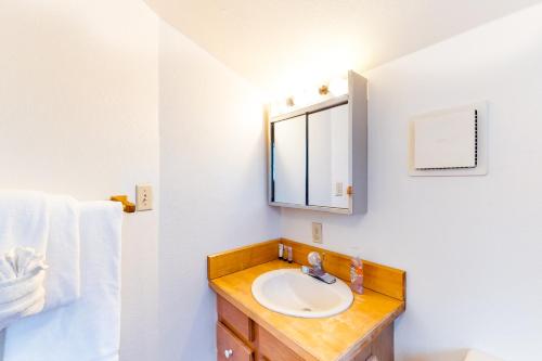 a bathroom with a sink and a mirror and towels at Compton's in Girdwood