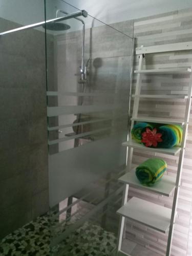 a shower room with a glass shower stall with towels at Villa SUNESIS Lamentin in Lamentin